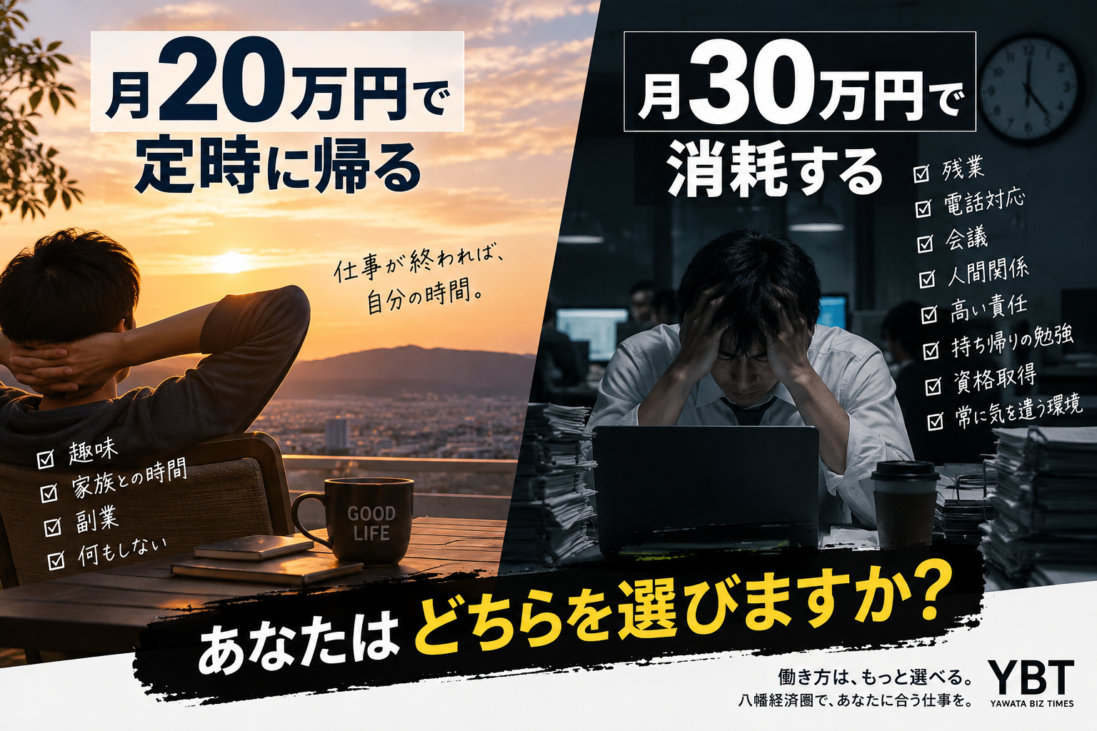 月20万円で定時に帰る。月30万円で消耗する。あなたはどちらを選びますか？