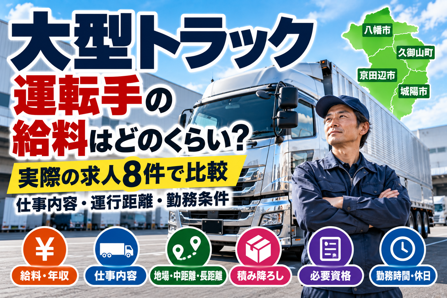 大型トラック運転手の給料は？八幡市周辺の実求人8件で仕事内容・勤務条件を比較